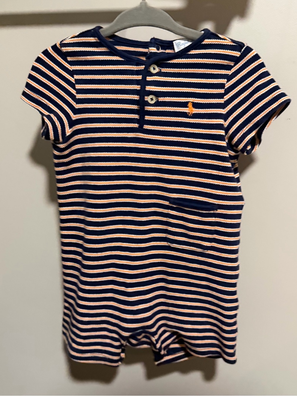 Vintage Ralph Lauren Navy Striped Baby Romper with Orange Pony